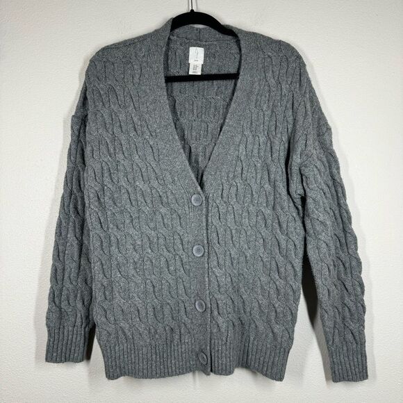 Joie Cable Knit Cardigan Sweater Women’s Medium Gray Long Sleeve V Neck Chunky - Picture 1 of 5